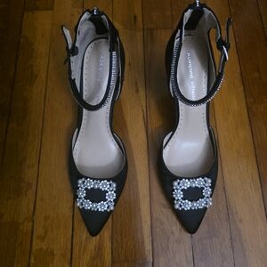 Adrienne Vittadini Black Satin Pointed-Toe Embellished Ankle Strap Pumps